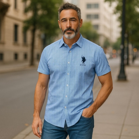 U.S. Polo Assn. Blue Casual Button Down Shirt with Tailored Fit - Picture 1 of 8